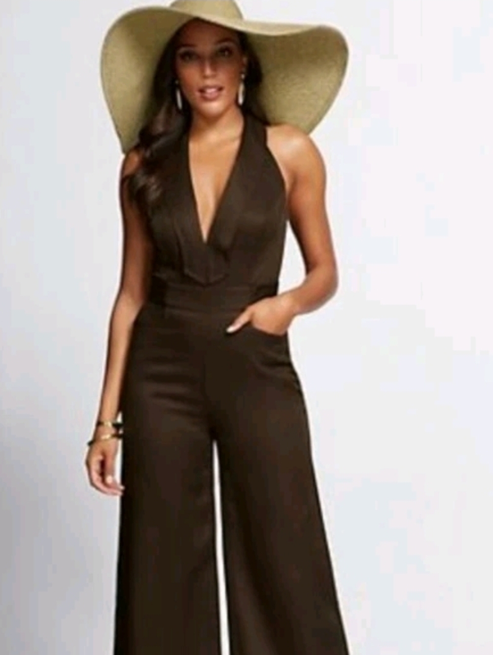 New York & Company Chocolate Brown Halter Wide-Leg Jumpsuit